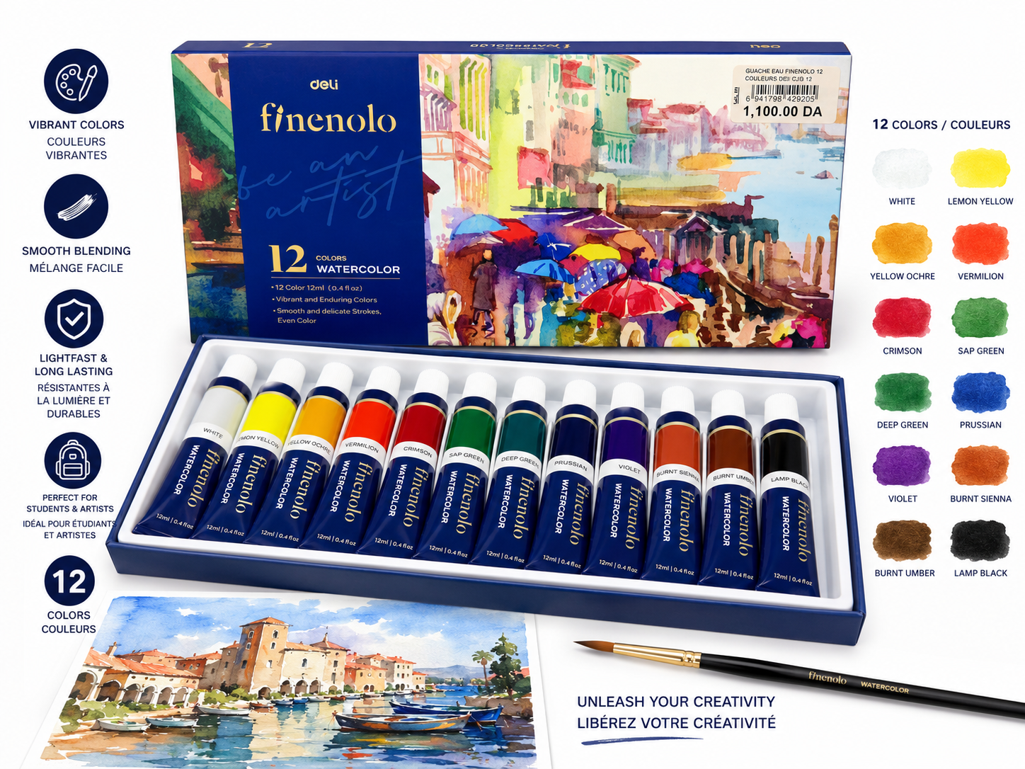 Peinture Aquarelle Deli Finenolo – 12 Couleurs
